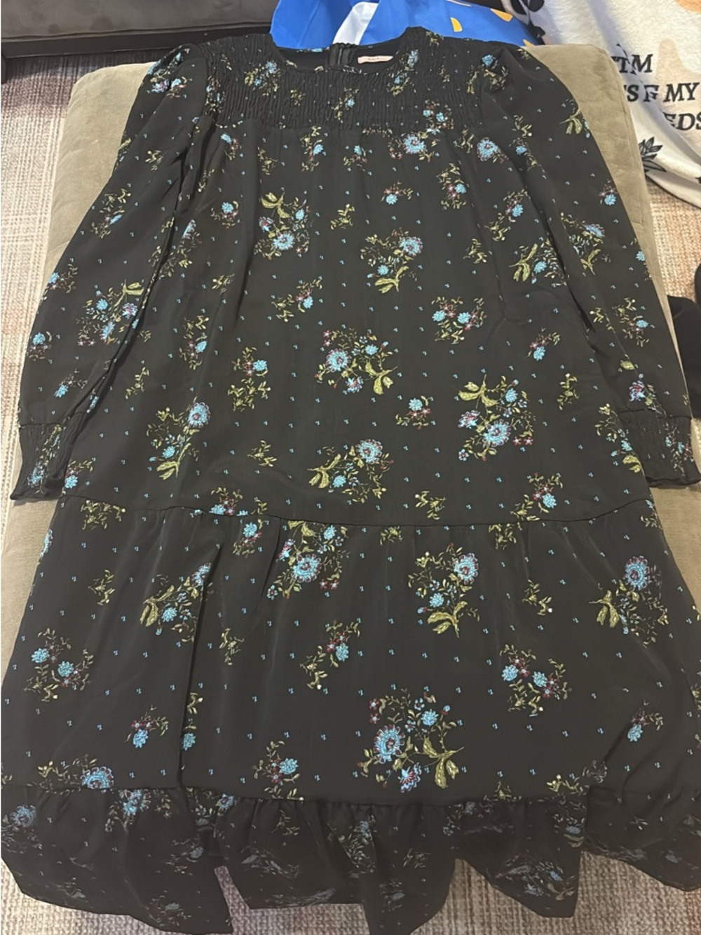 Long Sleeve Black Floral Tiered Midi Dress - Blue Floral